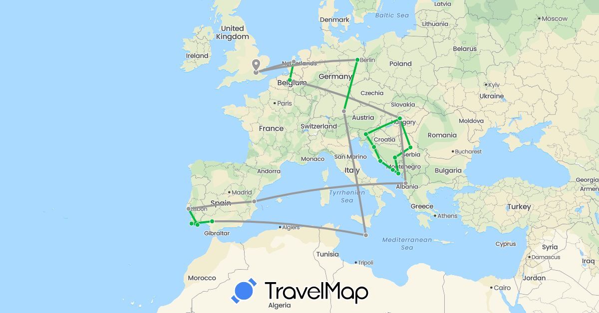 TravelMap itinerary: driving, bus, plane in Albania, Bosnia and Herzegovina, Belgium, Germany, Spain, United Kingdom, Croatia, Hungary, Montenegro, Malta, Netherlands, Portugal, Serbia, Slovenia (Europe)